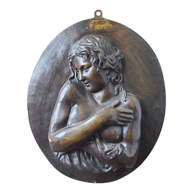 Antique Oval Bronze Bas-Relief Wall Plaque Portrait of a Nude Maiden For Sale