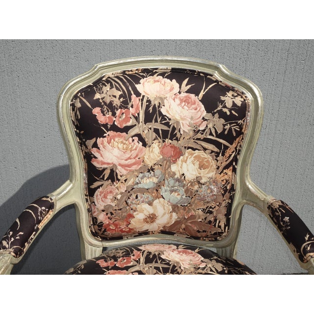 Pair Vintage French Provincial Floral Arm Chairs W Silver Frames For Sale - Image 4 of 12