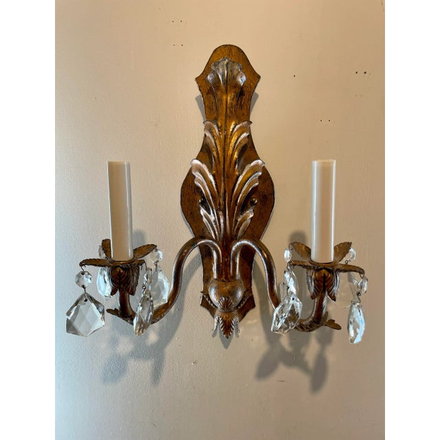 Late 20th Century Pair Handmade Gilt Iron and Crystal Sconces Two Pairs Available For Sale - Image 5 of 12