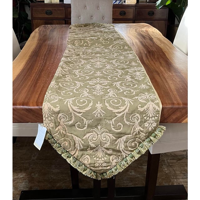 Stunning swirl design green 110” long table runner 110” length Includes 9” drop on both sides 15” w Fully lined Matching...