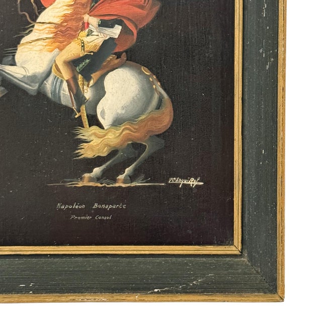 Wood Vintage Miniature Oil Painting of Napoleon Crossing the Alps After Jacques-Louis David - Small Framed French Imperial Portrait Oil on Board For Sale - Image 7 of 10