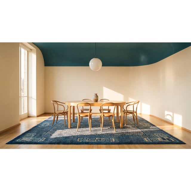 1920s Antique Square Blue Geometric Greek Key Chinese Baotou Wool Pile Rug For Sale - Image 10 of 12