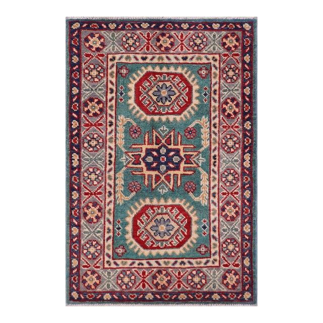 Tribal Kazak Bohemian Green/Gray Wool Rug - 2'0''x3'0' For Sale