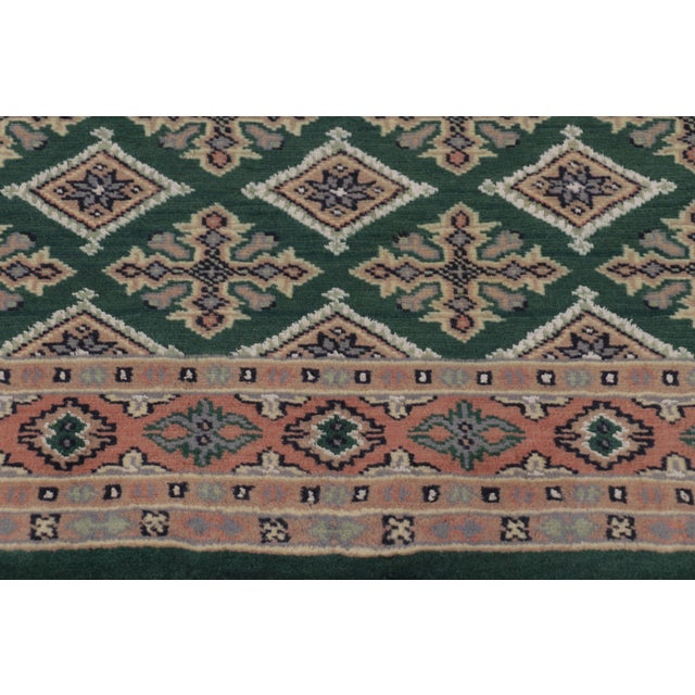 1970s Vintage Bokhara Rug in Forest Green With Pink Geometric Patterns - Rug & Kilim For Sale - Image 5 of 8