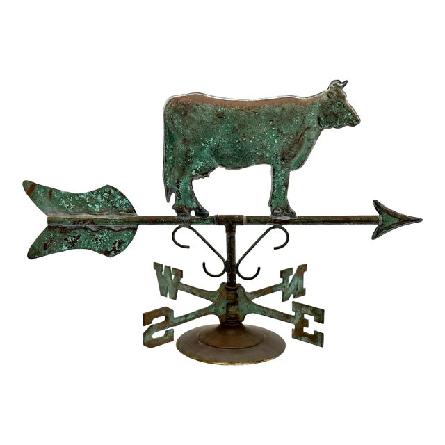 Very Decorative Vintage Mid Century Copper & Brass Cow Weathervane With Wind Directional - Mounted for Display For Sale