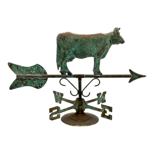 Very Decorative Vintage Mid Century Copper & Brass Cow Weathervane With Wind Directional - Mounted for Display