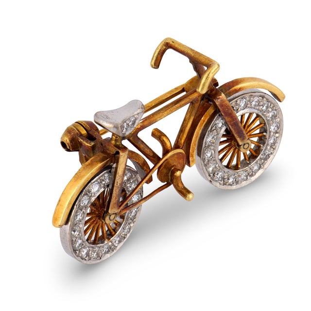 Contemporary 1960s Mid-Century Diamond 14k Yellow Gold Bicycle Brooch For Sale - Image 3 of 6