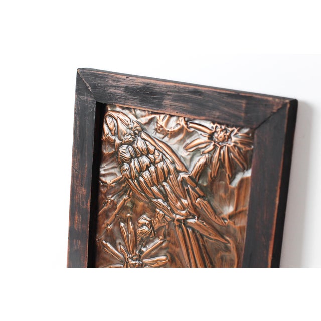 Mid-Century Parrot Copper Repoussé Plaque in Rustic Wood Frame For Sale - Image 4 of 14