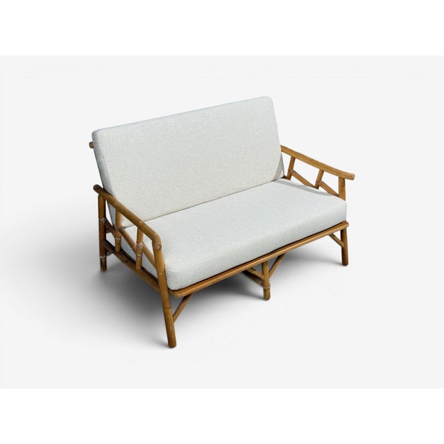 Ficks Reed, Two Seater Sofa, Bamboo, Cane, White Fabric, Usa, 1950s For Sale - Image 4 of 15