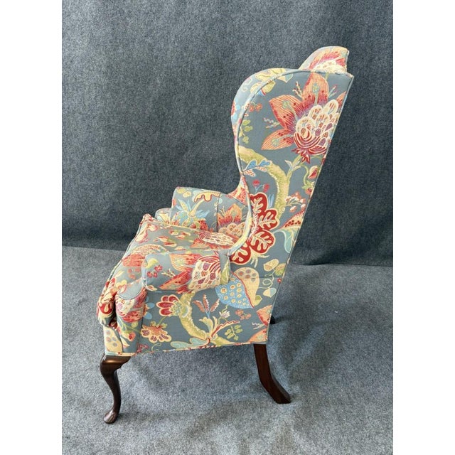 Late 20th Century Vintage High Back Blue Floral Wingback For Sale - Image 5 of 12