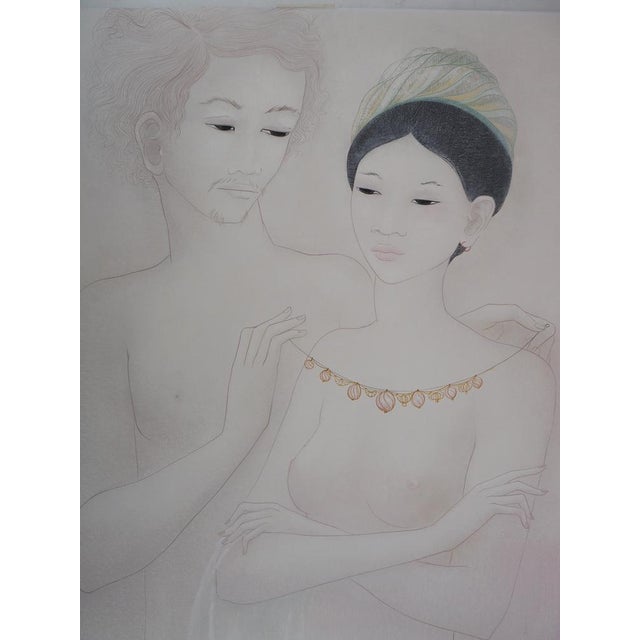 Mara Tran Long (1935-) The gift, 1973 Oil and gouache on panel Signed lower left Dated 1973 Authenticated on the back by...
