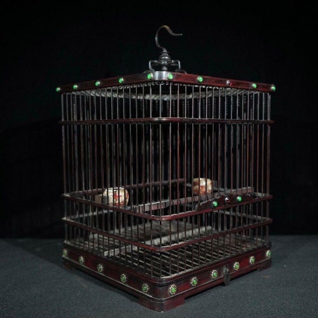 Rosewood Birdcage With Gemstone Inlay and Ceramic Feeders For Sale In Los Angeles - Image 6 of 9