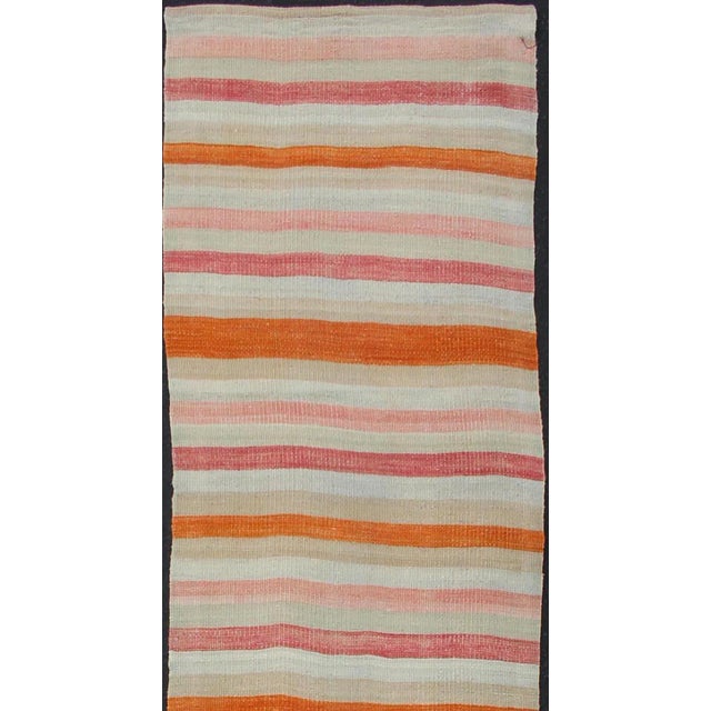 Multicolored Vintage Kilim Runner Turkish in Multi Color in Stripe Design Multicolored vintage Turkish Kilim rug with...