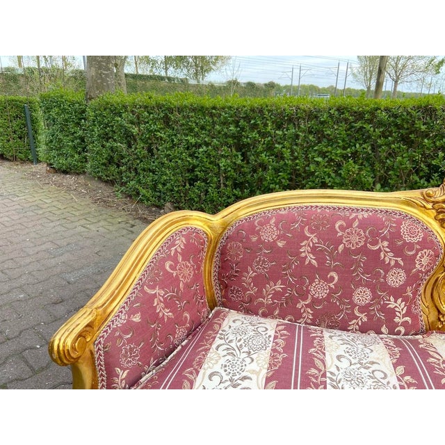 1970s French Louis XVI Gilt Gold Damask Settee 1 Pc For Sale - Image 9 of 10