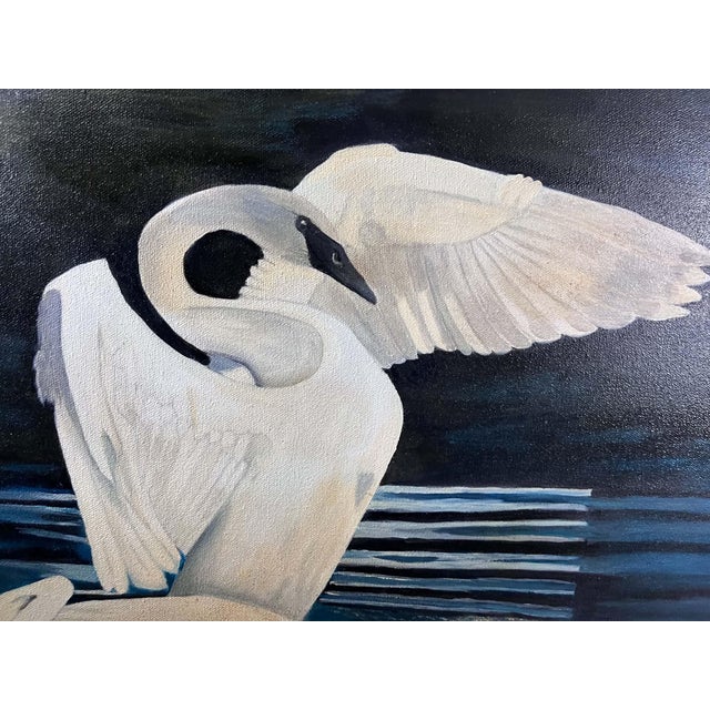 Original painting signed Theo Dodge, lower right. Two white swans at the edge of dark water, one with wings raised....