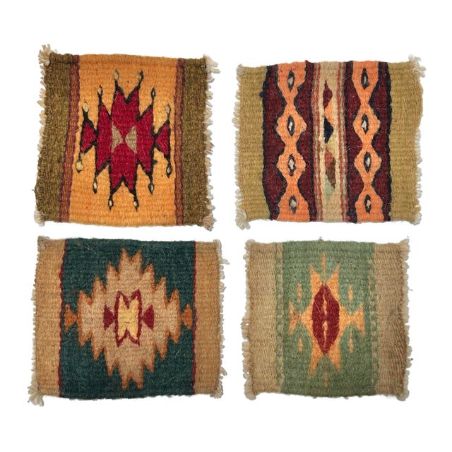 Vintage Southwestern Wool Textile Coasters, Set of 4, Handwoven Kilim Style For Sale
