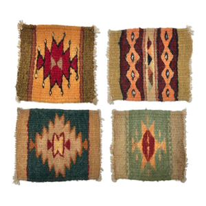 Vintage Southwestern Wool Textile Coasters, Set of 4, Handwoven Kilim Style