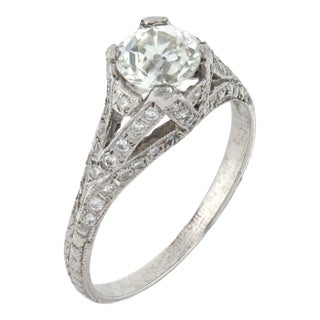 1920s Art Deco Old European Cut Diamond Platinum Engagement Ring, Size 6.25 For Sale