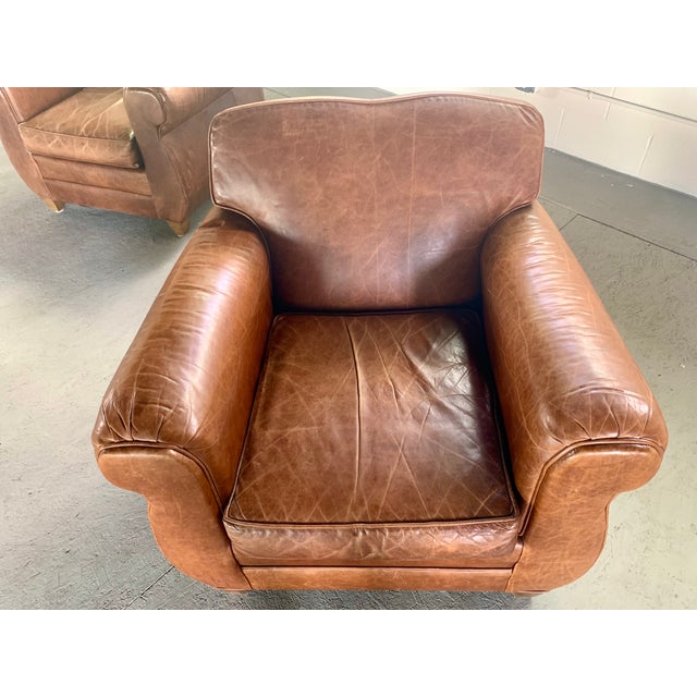 Pair of Leather Club Chairs, French Art Deco-Style, Classic Distressed Brown Leather, "Mustache" Back For Sale - Image 13 of 13