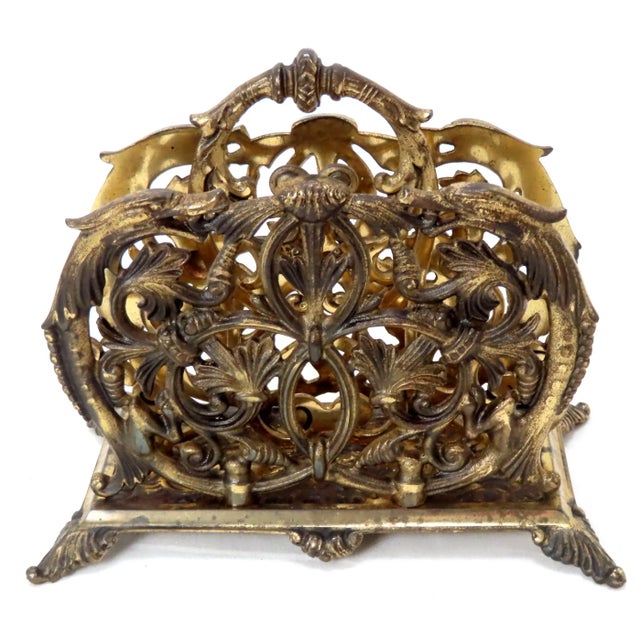 Early 20th Century Antique Bronze Gilt Cast Iron Letter Rack With Dolphins For Sale - Image 5 of 13