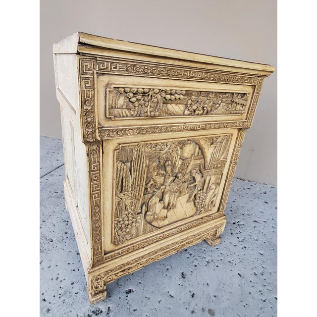 1920s Antique Chinese Wooden Bedside Cabinet With Carved Chinese Scenery For Sale - Image 9 of 12