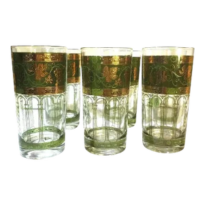 Vintage Cera Green MCM 24k Gold Grape Vines Pillar Highball Glasses, Set of Six