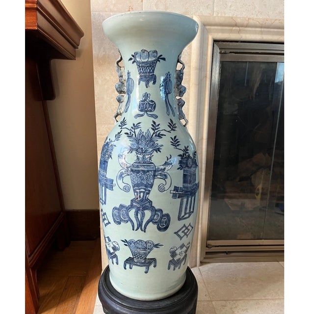 19th Century Antique Chinese Blue & White Baluster Vase, Chilong Handles, 19th Century For Sale - Image 5 of 11