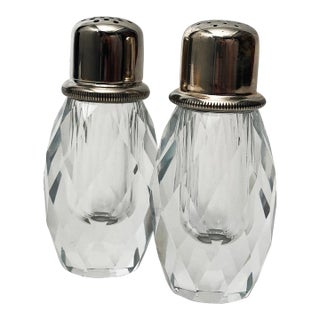 Vintage Lead Crystal Salt and Pepper Grinder With Sterling Plate Tops- a Pair For Sale