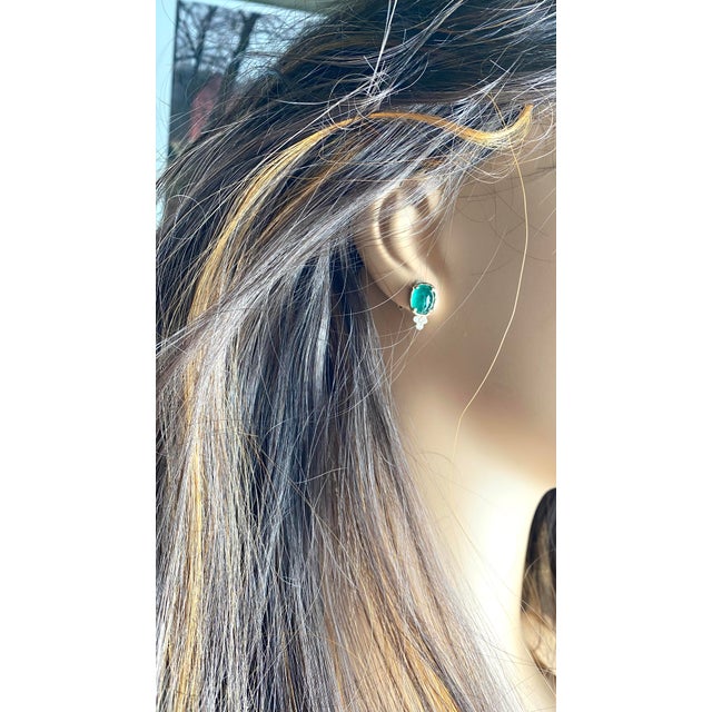 14k Yellow Gold Colombian Cabochon Emerald and Diamond Drop Bezel Set Earrings, A Pair For Sale - Image 9 of 9