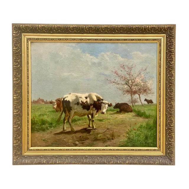 Aymar Alexandre Pezant, Cows in a Meadow in Spring, Oil on Canvas, Framed For Sale - Image 10 of 10