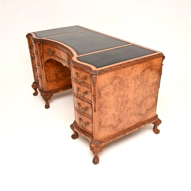 Antique Burr Walnut Pedestal Desk with Leather Top, 1900 For Sale - Image 3 of 11