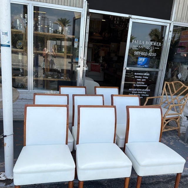 Set of 8 Art Deco Polished Wood Leather Dining Chairs Sophisticated set of 8 contemporary dining chairs with curved walnut...