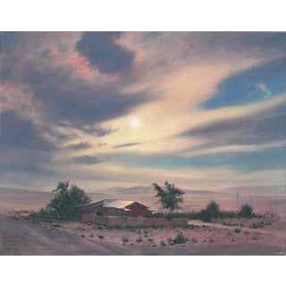 Keeler by Mark Harrison | Oil on linen depicting a rural scene with a house under a cloudy sky. For Sale