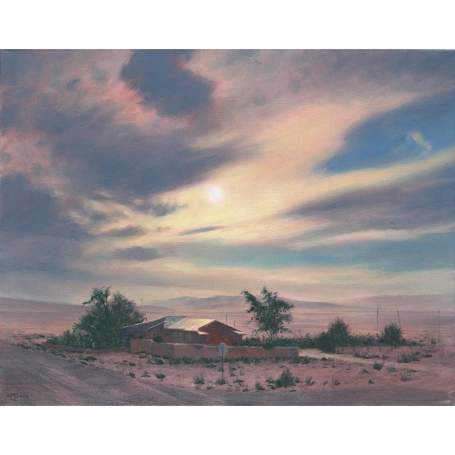 Keeler by Mark Harrison | Oil on linen depicting a rural scene with a house under a cloudy sky. For Sale
