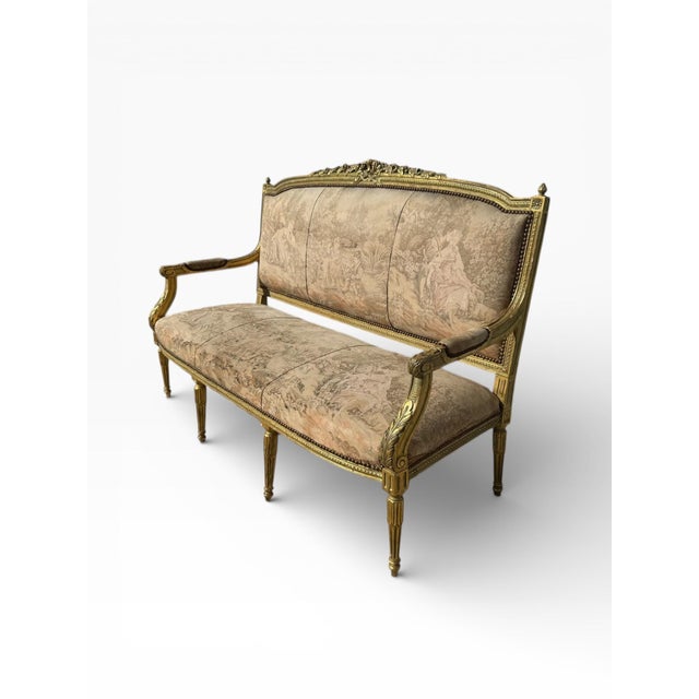 1950s Louis XVI Style Giltwood Settee With Scenic Tapestry Upholstery For Sale - Image 4 of 13