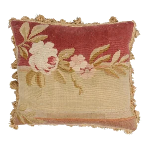 French 19th Century Aubusson Tapestry Pillow with Rose & Tassels