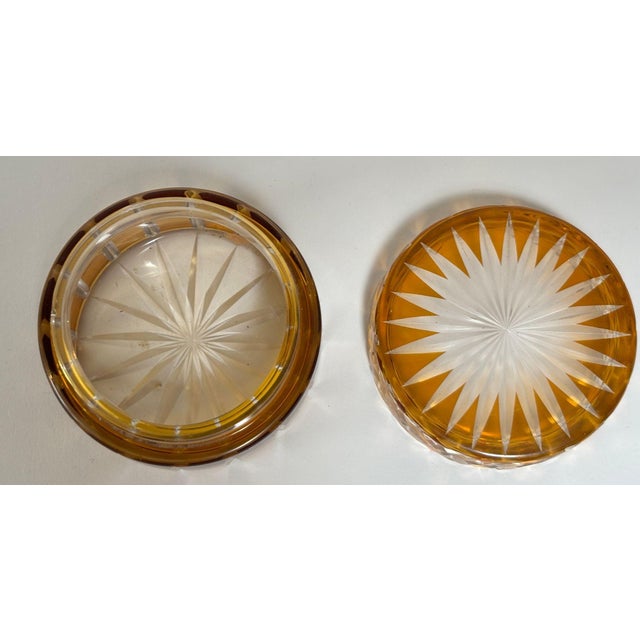 Art Deco Vintage Bohemian Crystal Amber Covered Jar With Starburst Design For Sale - Image 3 of 9