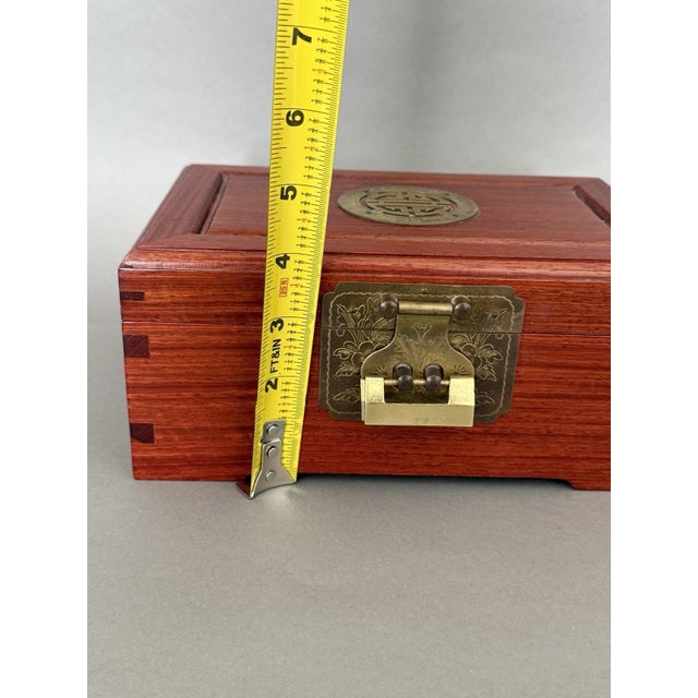 Chinese Asian Wooden Jewelry Box Brass Red Lined Trinket Chest W/Key + Lock Vintage For Sale - Image 15 of 18