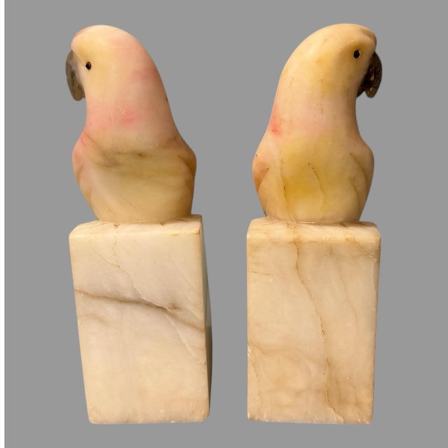 Pair of Antique Victorian Alabaster Multi Colored Figural Parakeet Bookends For Sale - Image 4 of 6
