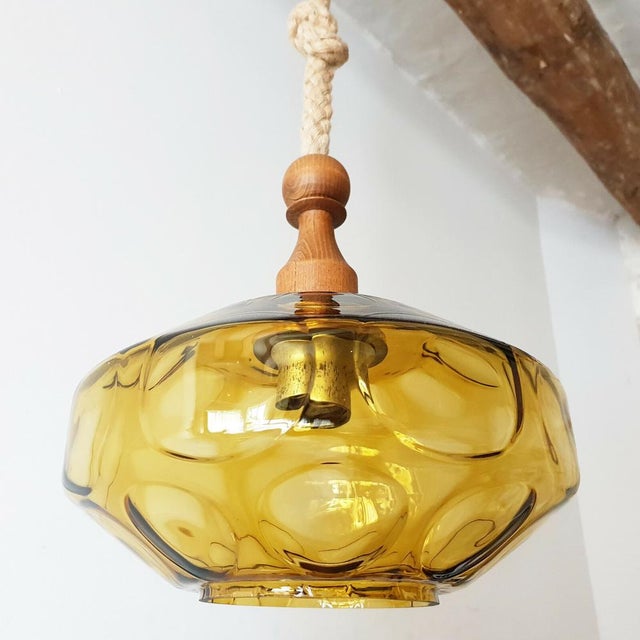 Textile Vintage Rope, Gilt Glass and Teak Pendant Light, 1960s For Sale - Image 7 of 7