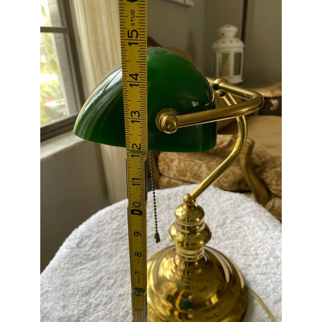 Vintage Green Glass Banker’s Desk Lamp, Brass Finish, Adjustable Arm, Classic Library Table Lamp, Mid-Century Traditional Style For Sale - Image 9 of 12