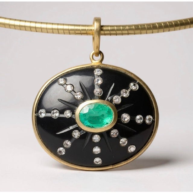 2020s Sol Pendant, Black Onyx With Emerald, Diamonds & 14k Gold For Sale - Image 5 of 11