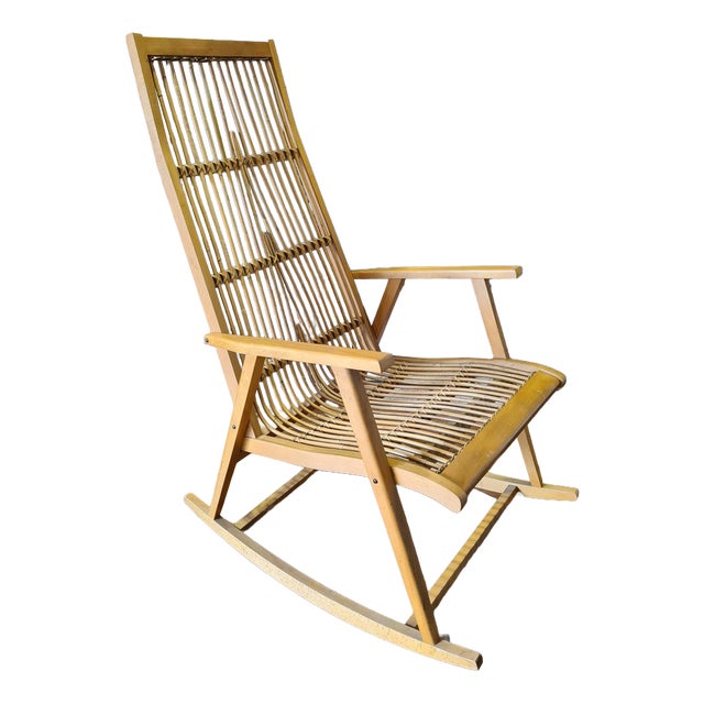 Vintage Scandinavian Rocking Chair with Bamboo Weave, 1960s For Sale