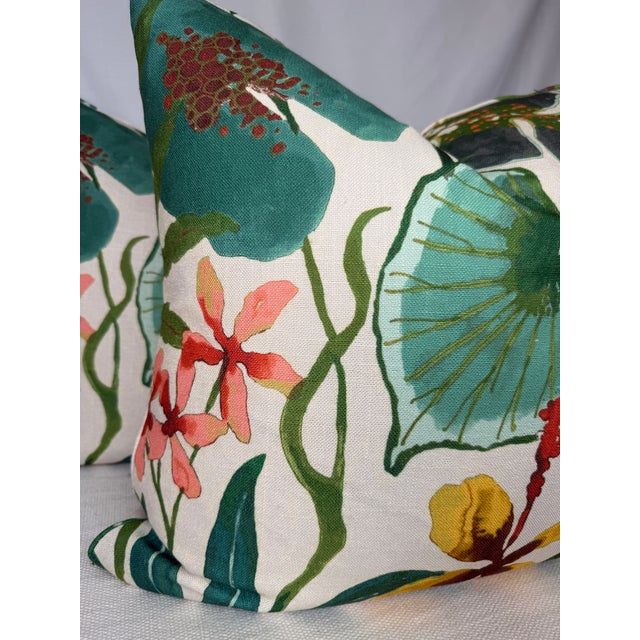 Custom pair of 22" pillows covered in Swavelle Fabrics "104 Degrees Tropical fabric. These pillows are self welted, have...