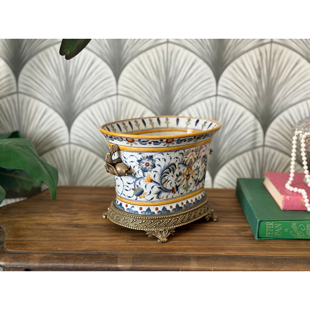 Vintage Porcelain Crackle Glaze Floral Jardinière Brass Ormolu-Style Footed Cachepot Planter Vase For Sale - Image 4 of 17
