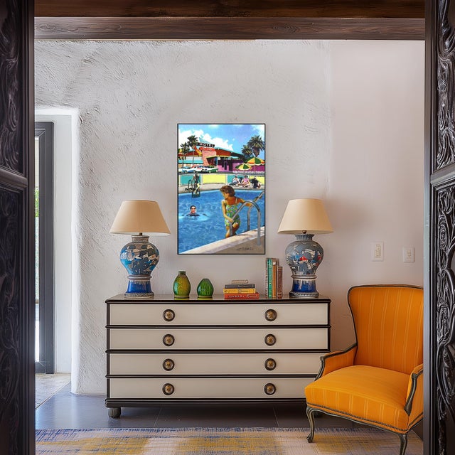 Textile Sea Breeze - Framed Pool Scene Original Mid Century Modern Figurative Mixed Media Art by Michael Giliberti For Sale - Image 7 of 8