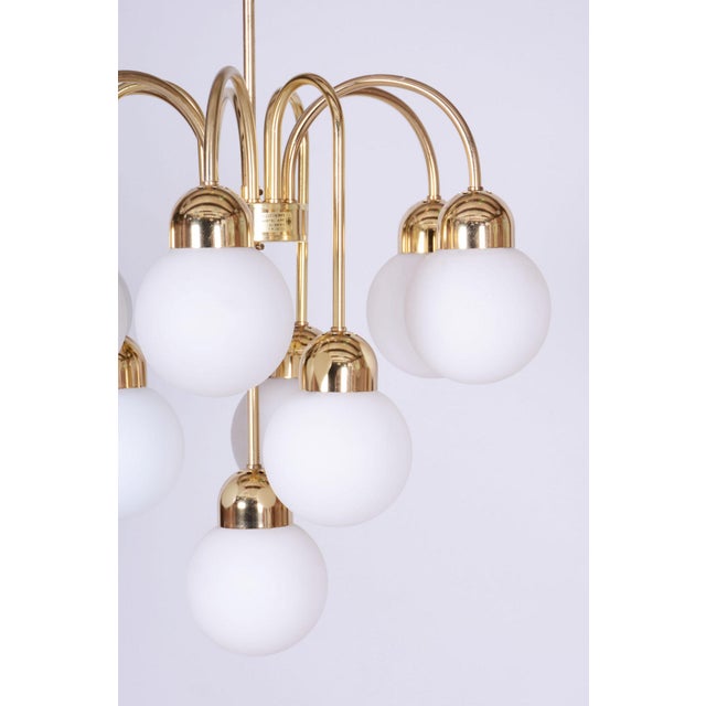 Mid-Century Modern Mid-Century Chandelier in Brass and Opaline Glass, Czech, 1950s For Sale - Image 3 of 16