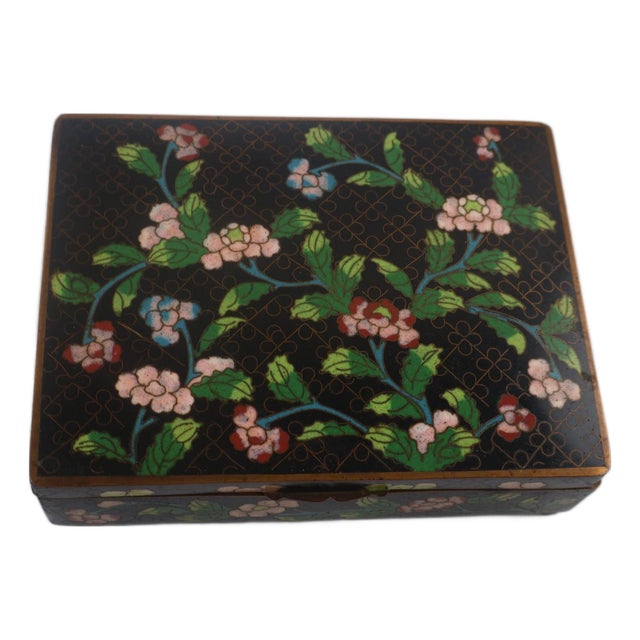 Vintage Chinese Cloisonné Enamel Jewelry Box With Floral Motif, Divided Interior & Brass Feet For Sale