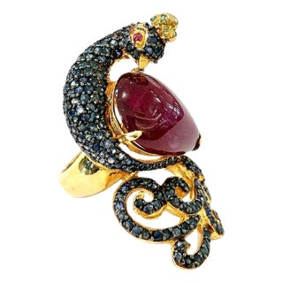 Bochic "Orient" Ruby & Sapphire Swan Cocktail Ring Set 18K & Silver For Sale