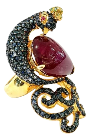 Bochic "Orient" Ruby & Sapphire Swan Cocktail Ring Set 18K & Silver